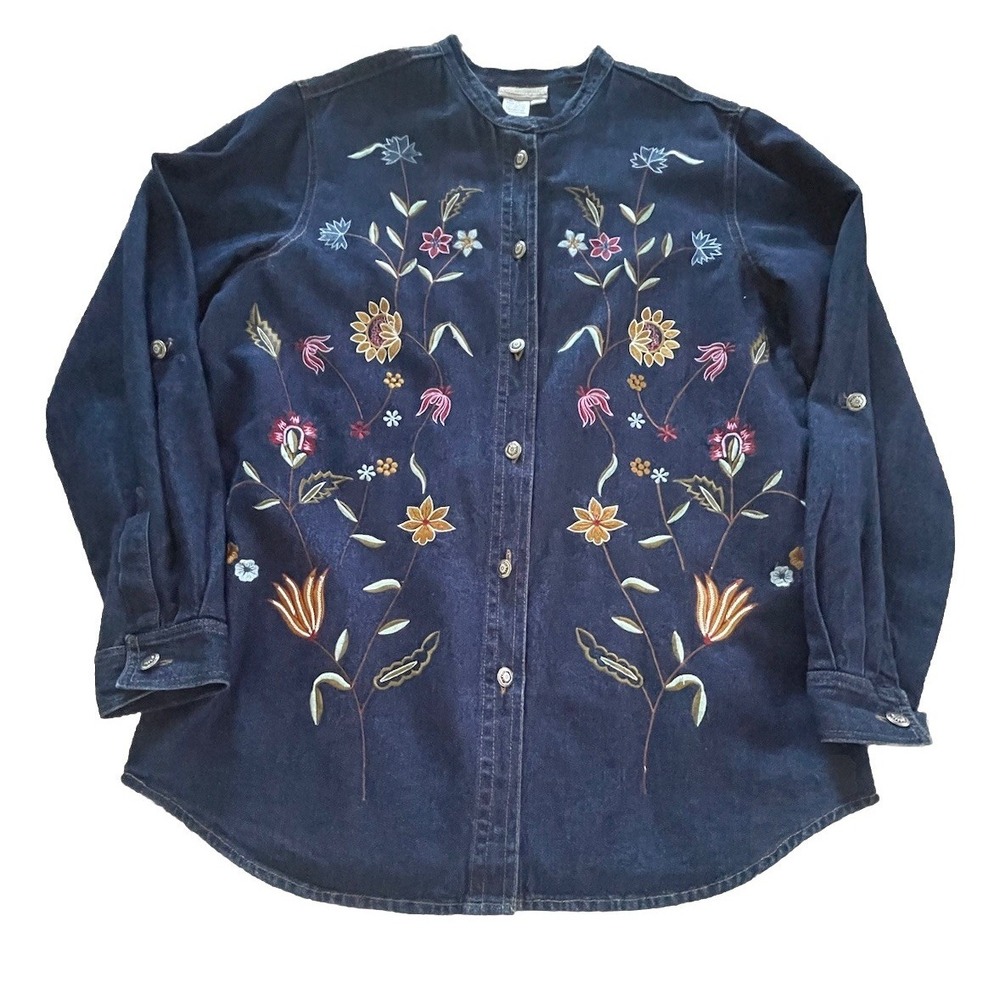 Coldwater Creek Blue Denim Floral Embroidered Long Shirt Medium Roll Tab Sleeves